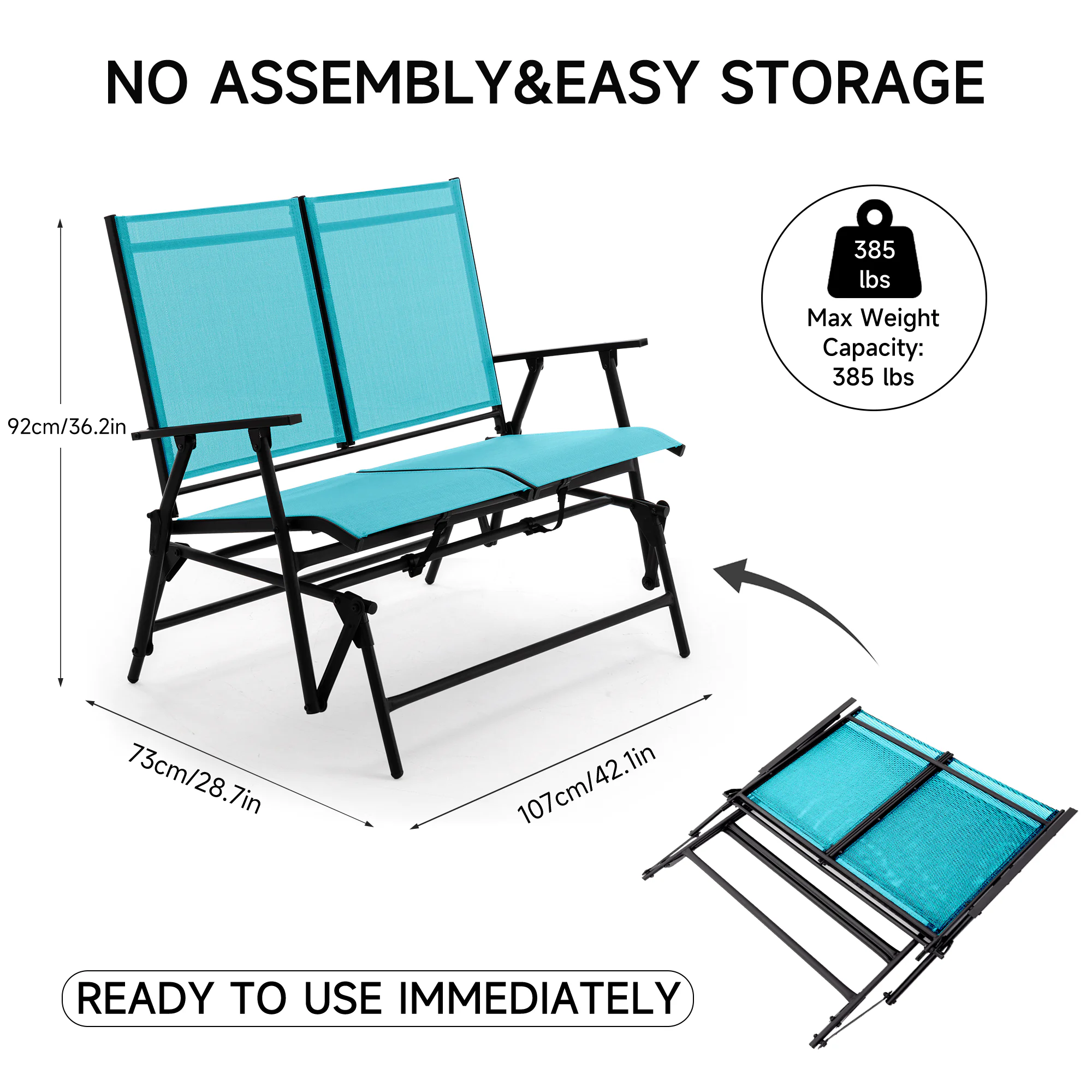 SAETSFEG Installation-free Glider Bench, 2-Person Outdoor Patio Rocker, Foldable Swing Loveseat for Porch, Backyard, Garden, Turquoise