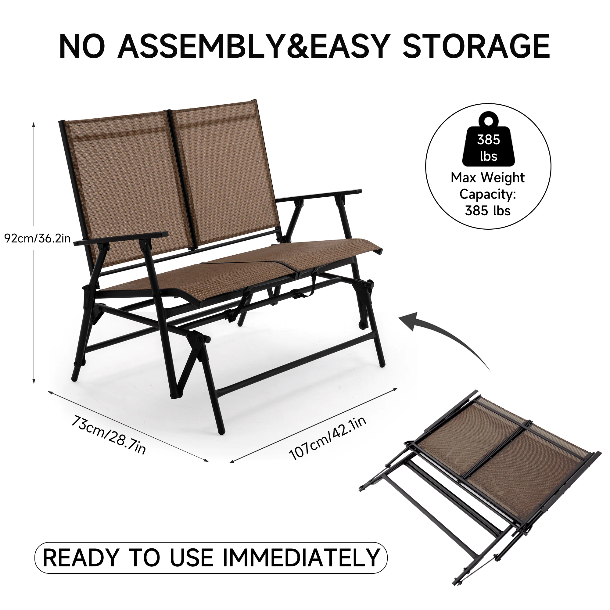 SAETSFEG Installation-free Glider Bench, 2-Person Outdoor Patio Rocker, Foldable Swing Loveseat for Porch, Backyard, Garden, Brown