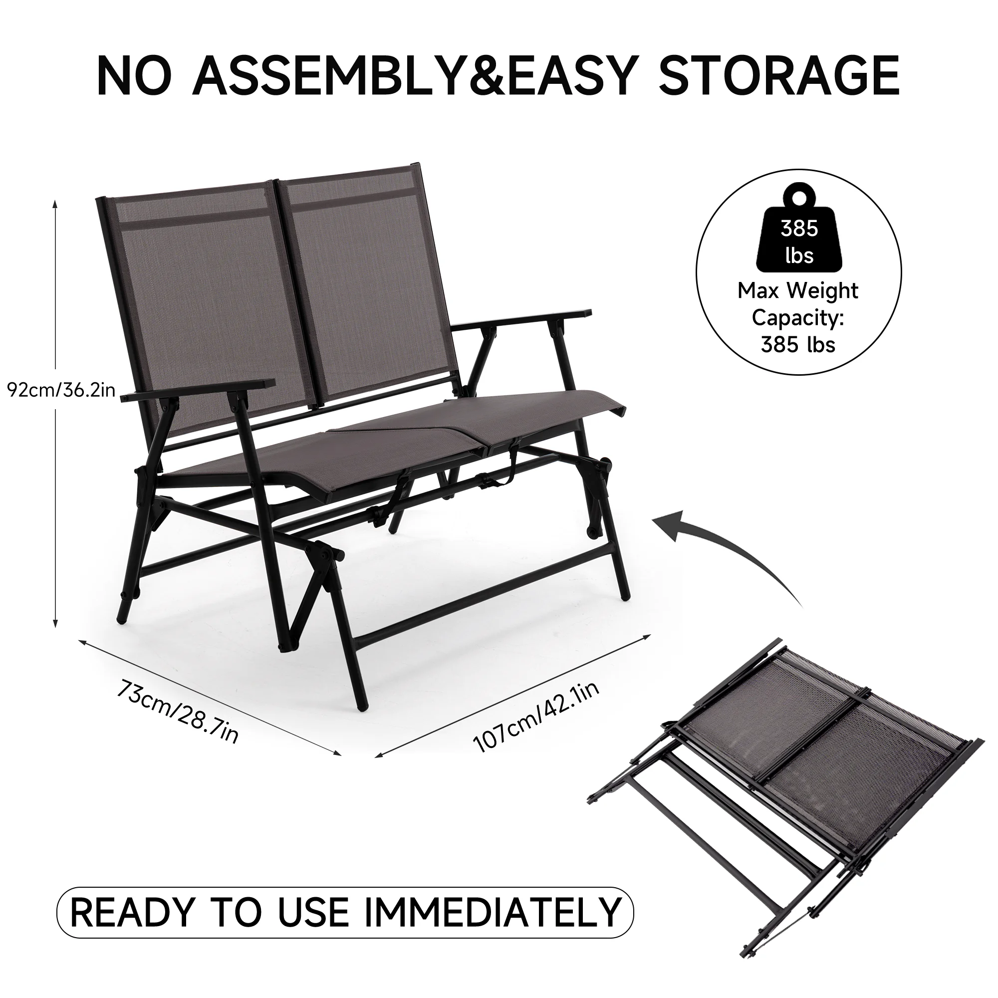 SAETSFEG Installation-free Glider Bench, 2-Person Outdoor Patio Rocker, Foldable Swing Loveseat for Porch, Backyard, Garden, Darkgrey