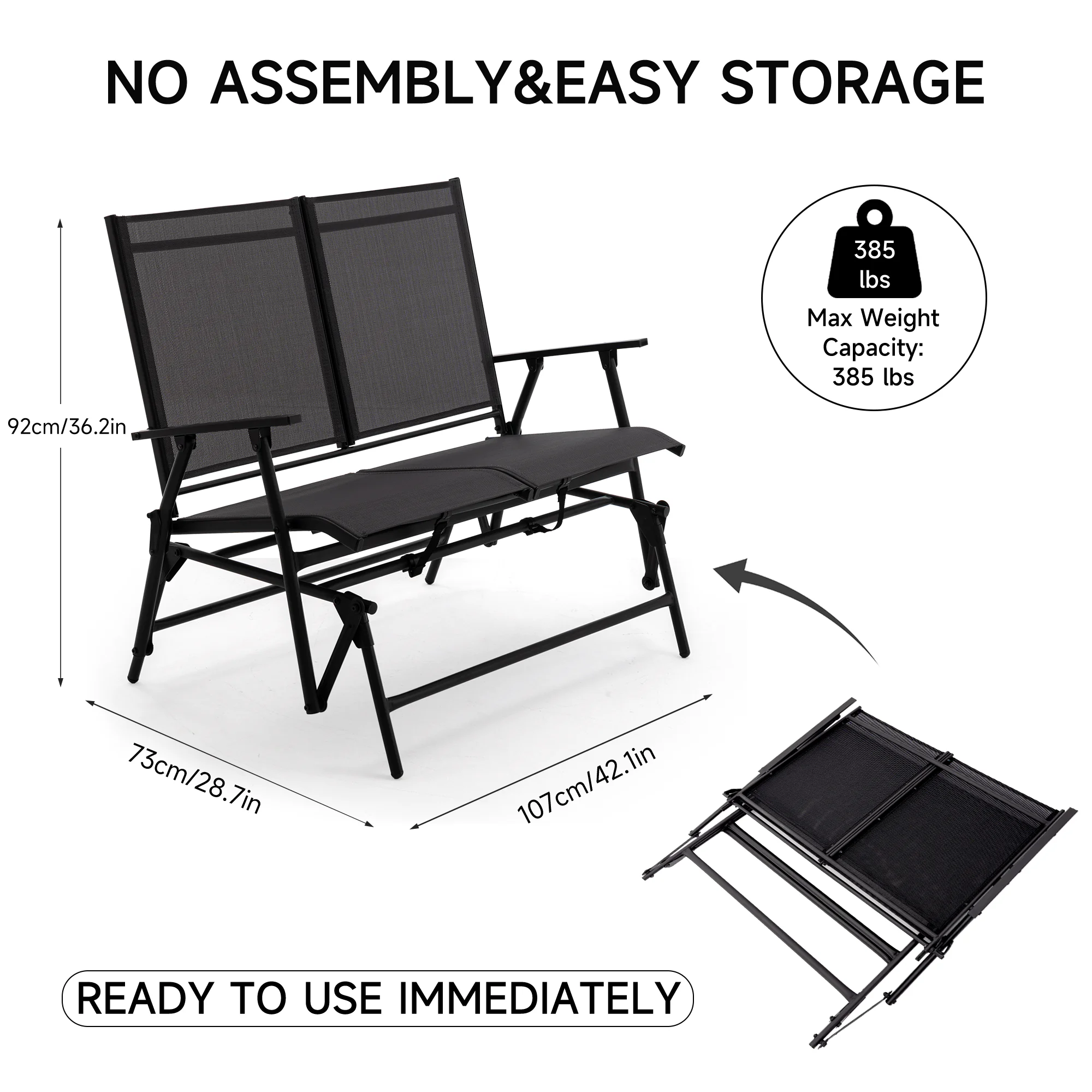 SAETSFEG Installation-free Glider Bench, 2-Person Outdoor Patio Rocker, Foldable Swing Loveseat for Porch, Backyard, Garden, Black