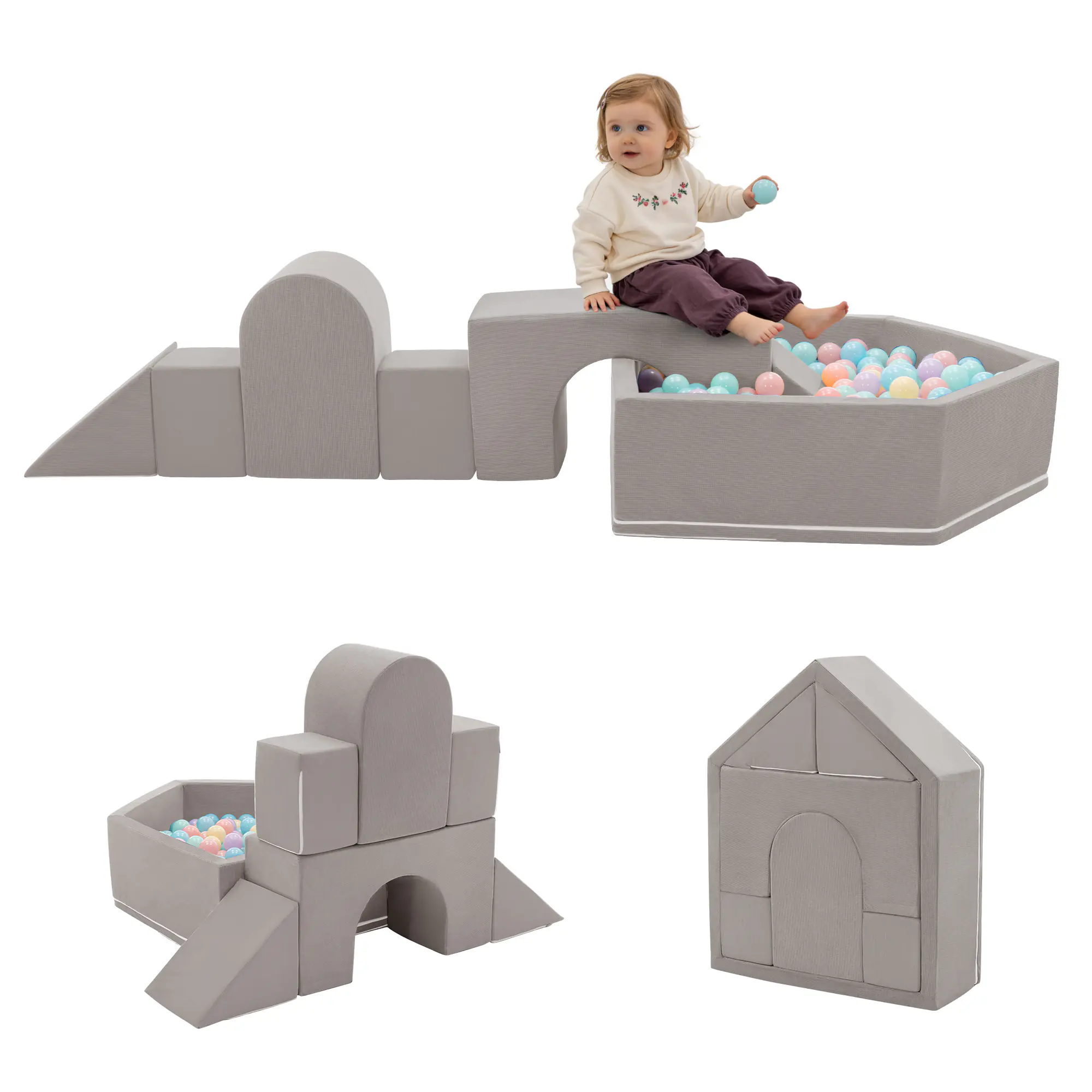 SAETSFEG 7-Piece Toddler Climbing Toys with Ball Pit, Indoor Baby Foam Blocks, Kids Crawling Activity Soft Play Set, Lightgrey (Balls not Included)