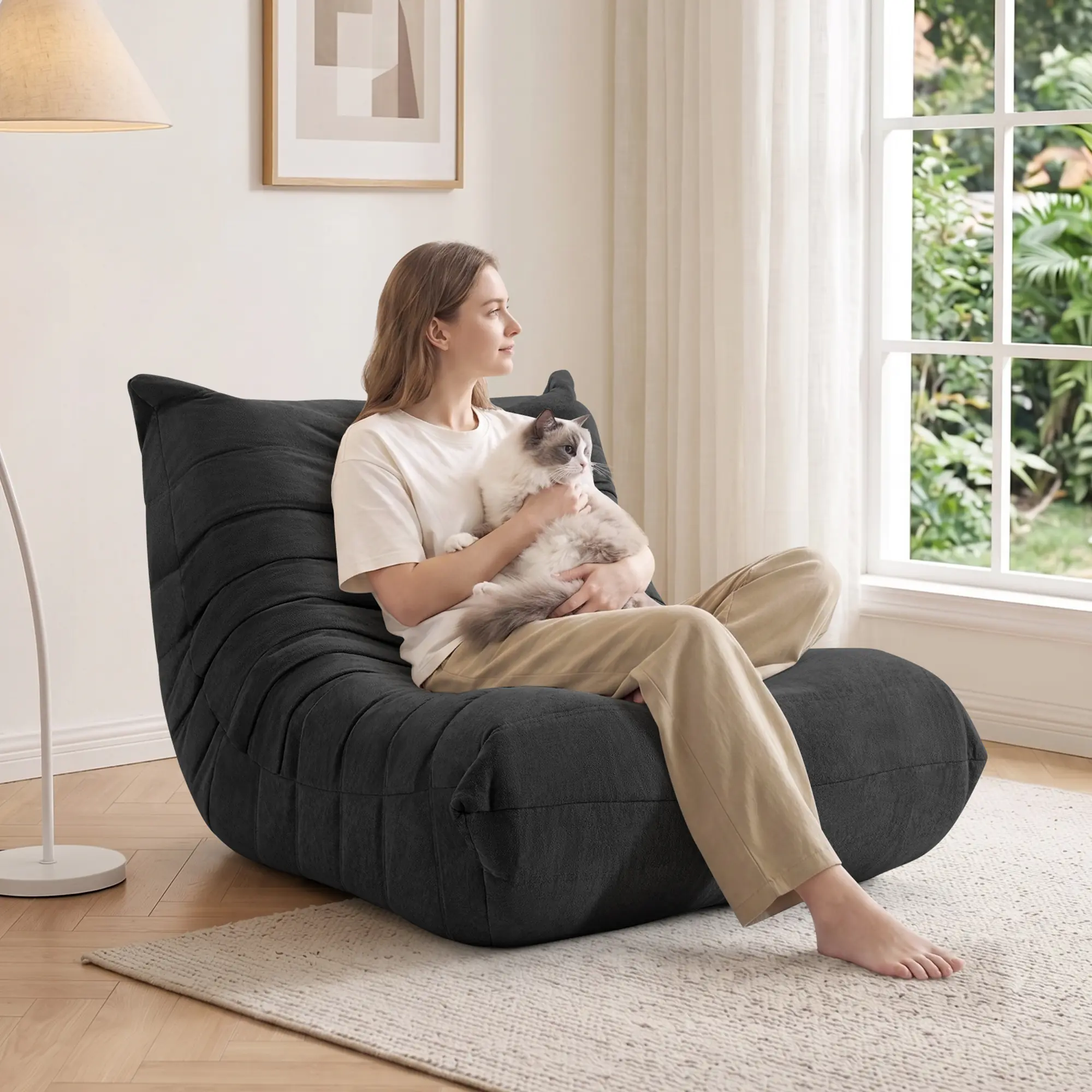 SAETSFEG Bean Bag Chair Adults, Comfy Memory Foam Bean Bags Fireside Armless Floor Sofa Lazy Beanbag Chair for Living Room Bedroom Dorm Office, Black