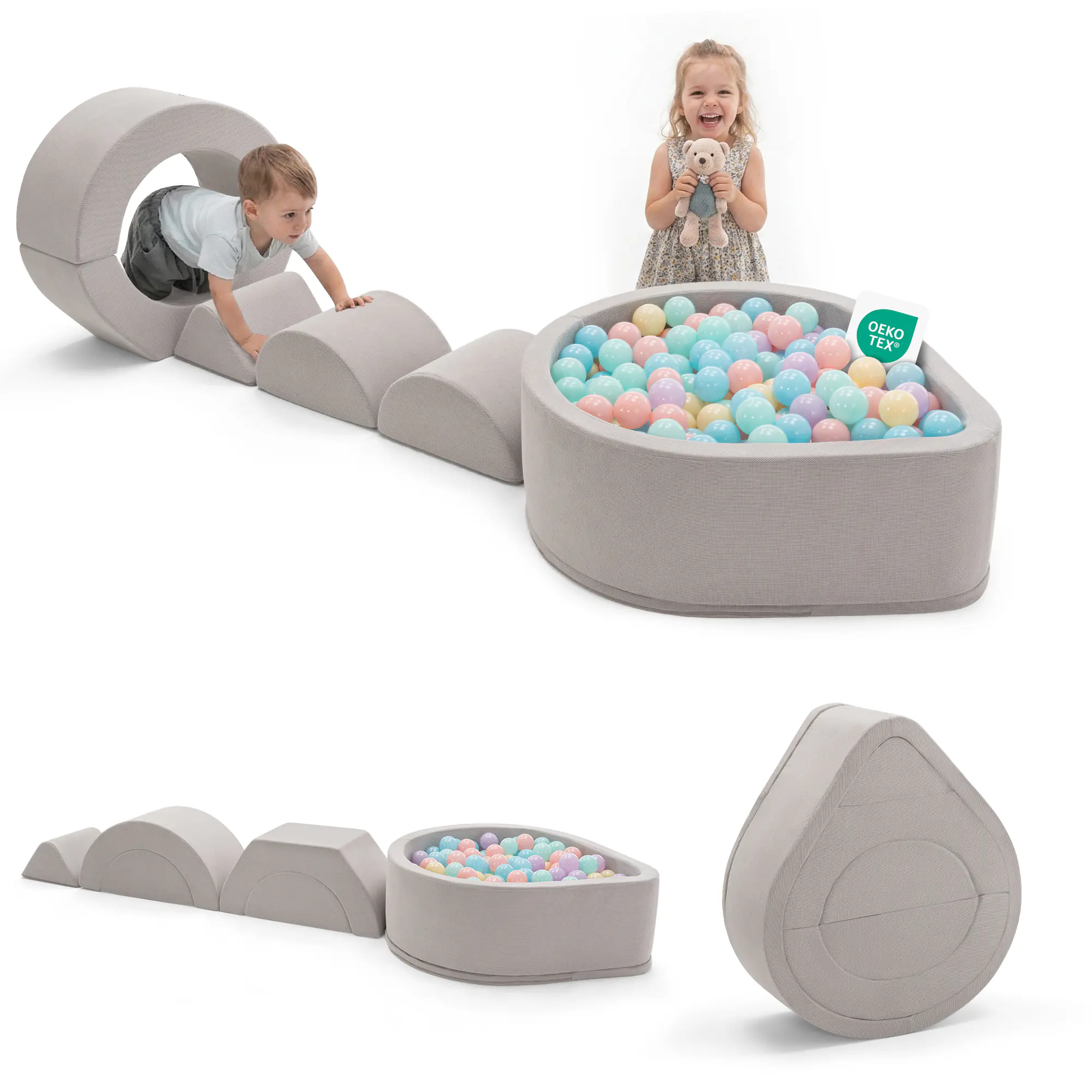 SAETSFEG 6-Piece Toddler Climbing Toys with Ball Pit, Indoor Baby Foam Blocks, Soft Play Set, Lightgrey(Balls not Included)