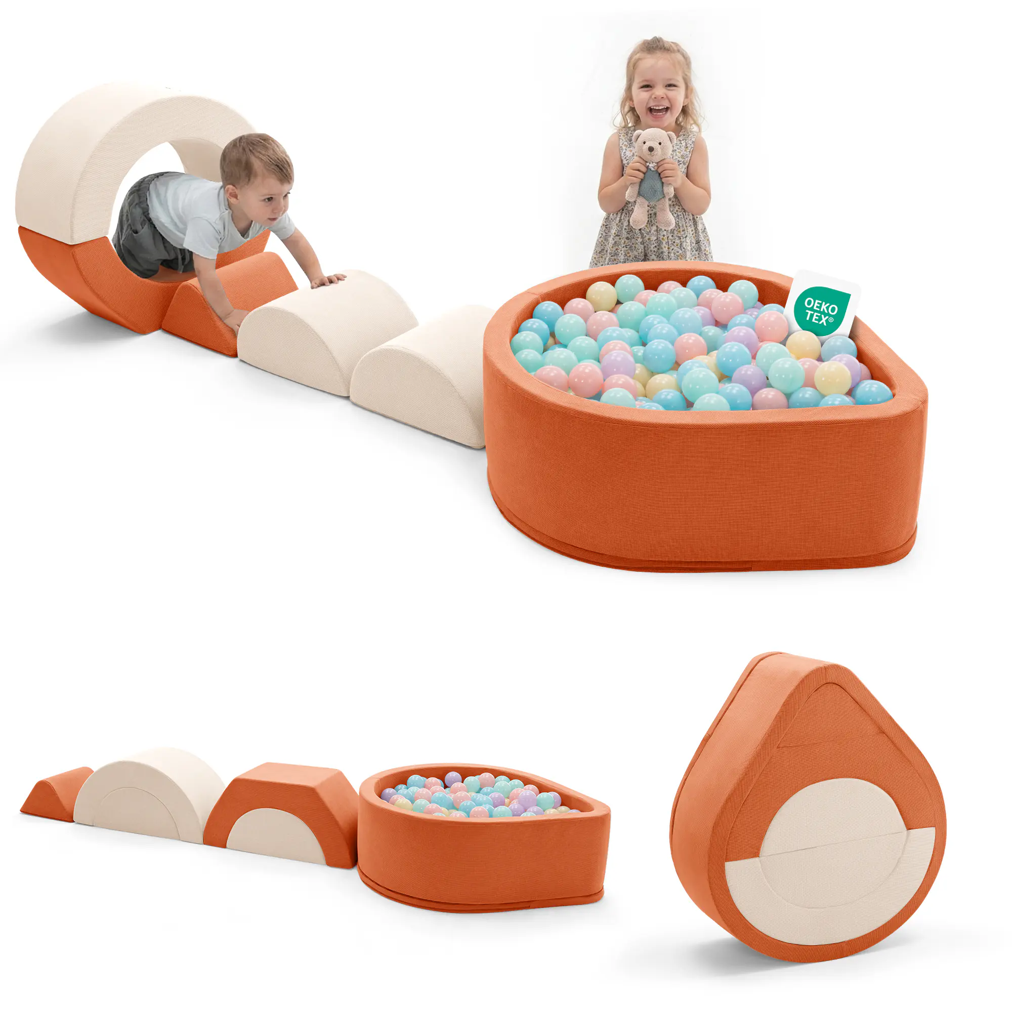 SAETSFEG 6-Piece Toddler Climbing Toys with Ball Pit, Indoor Baby Foam Blocks, Soft Play Set, Orange(Balls not Included)
