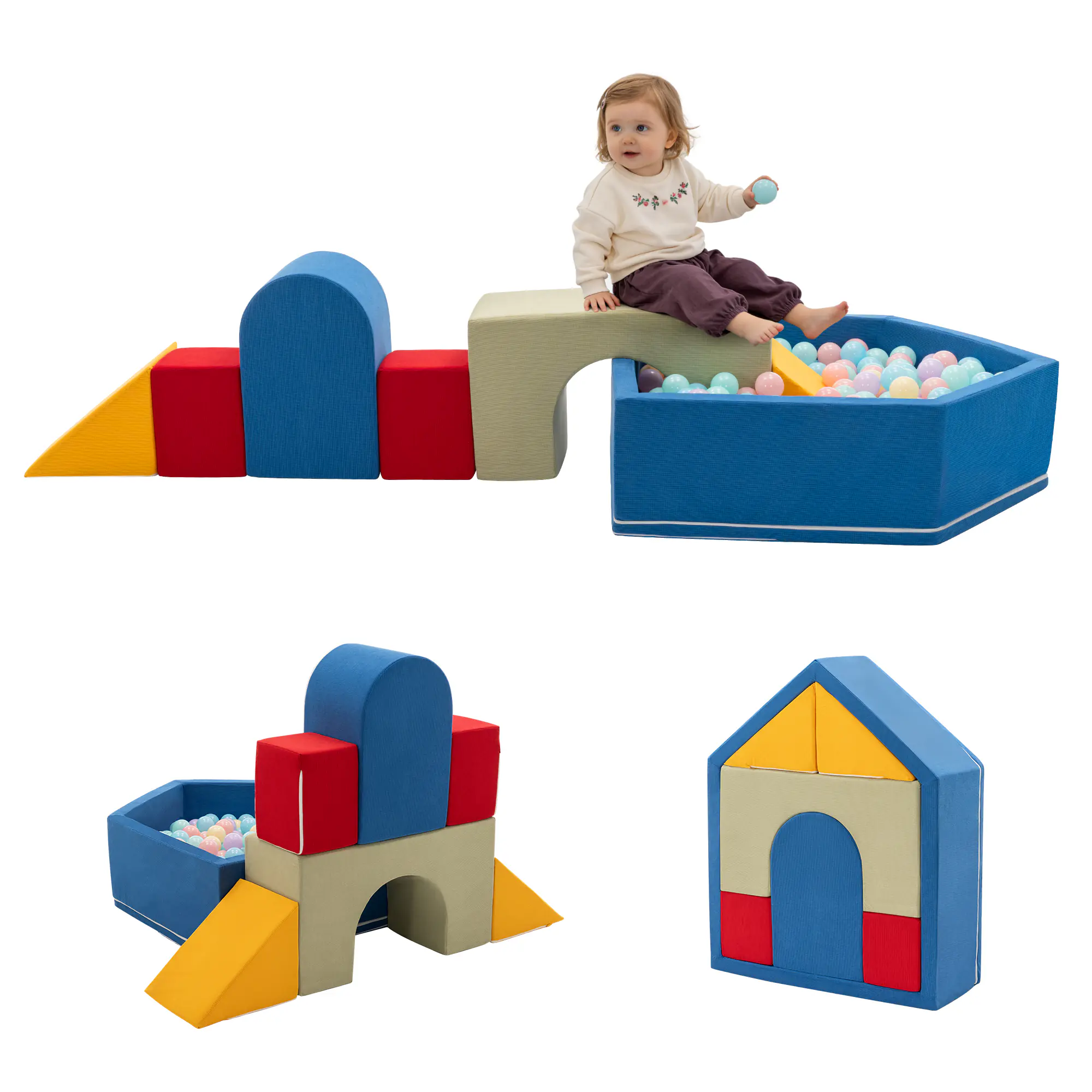 SAETSFEG 7-Piece Toddler Climbing Toys with Ball Pit, Indoor Baby Foam Blocks, Kids Crawling Activity Soft Play Set, Blue (Balls not Included)