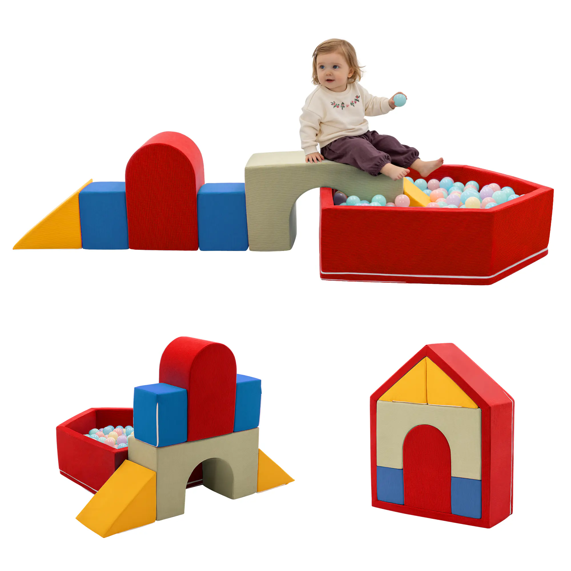 SAETSFEG 7-Piece Toddler Climbing Toys with Ball Pit, Indoor Baby Foam Blocks, Kids Crawling Activity Soft Play Set, Red (Balls not Included)