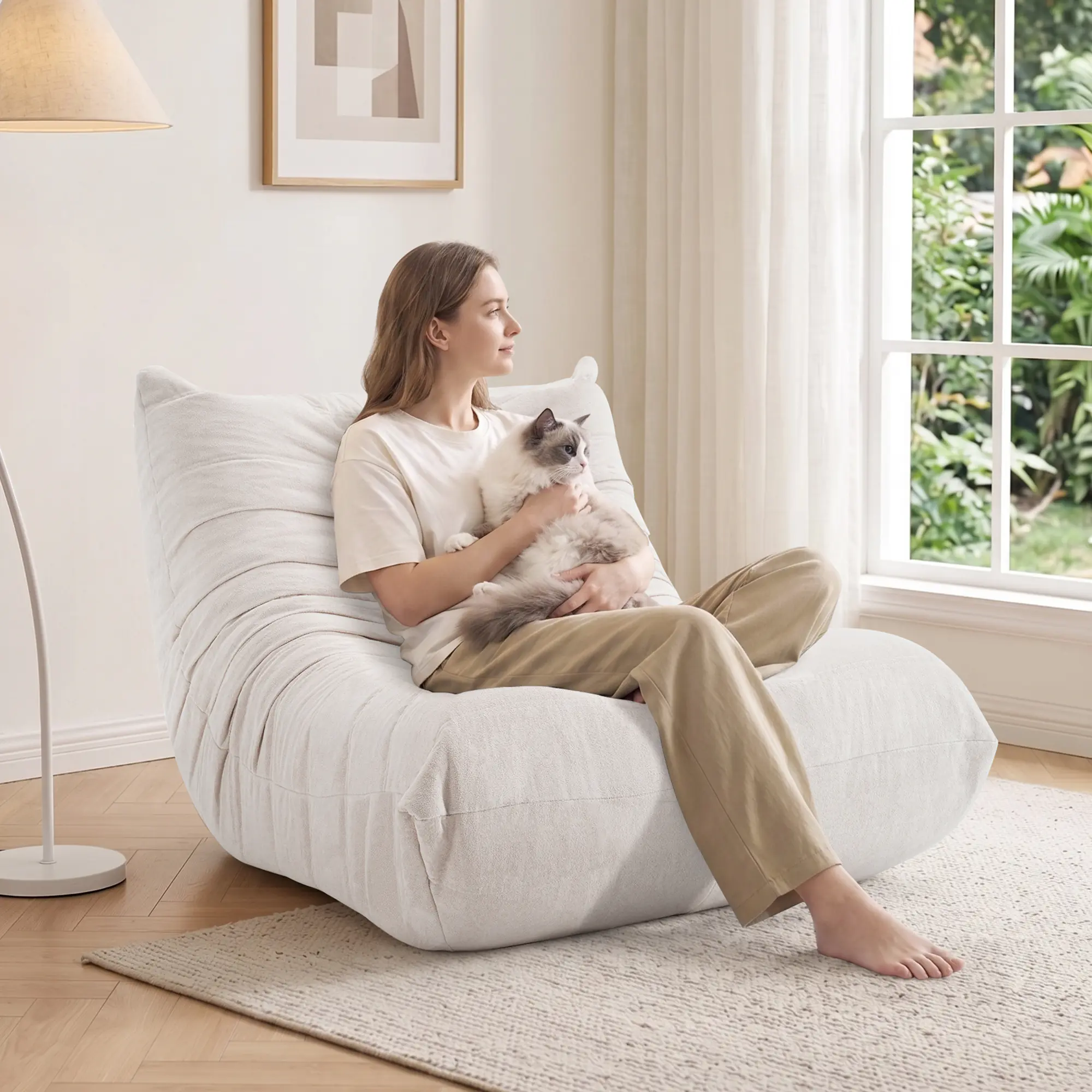 SAETSFEG Bean Bag Chair Adults, Comfy Memory Foam Bean Bags Fireside Armless Floor Sofa Lazy Beanbag Chair for Living Room Bedroom Dorm Office, Ivory