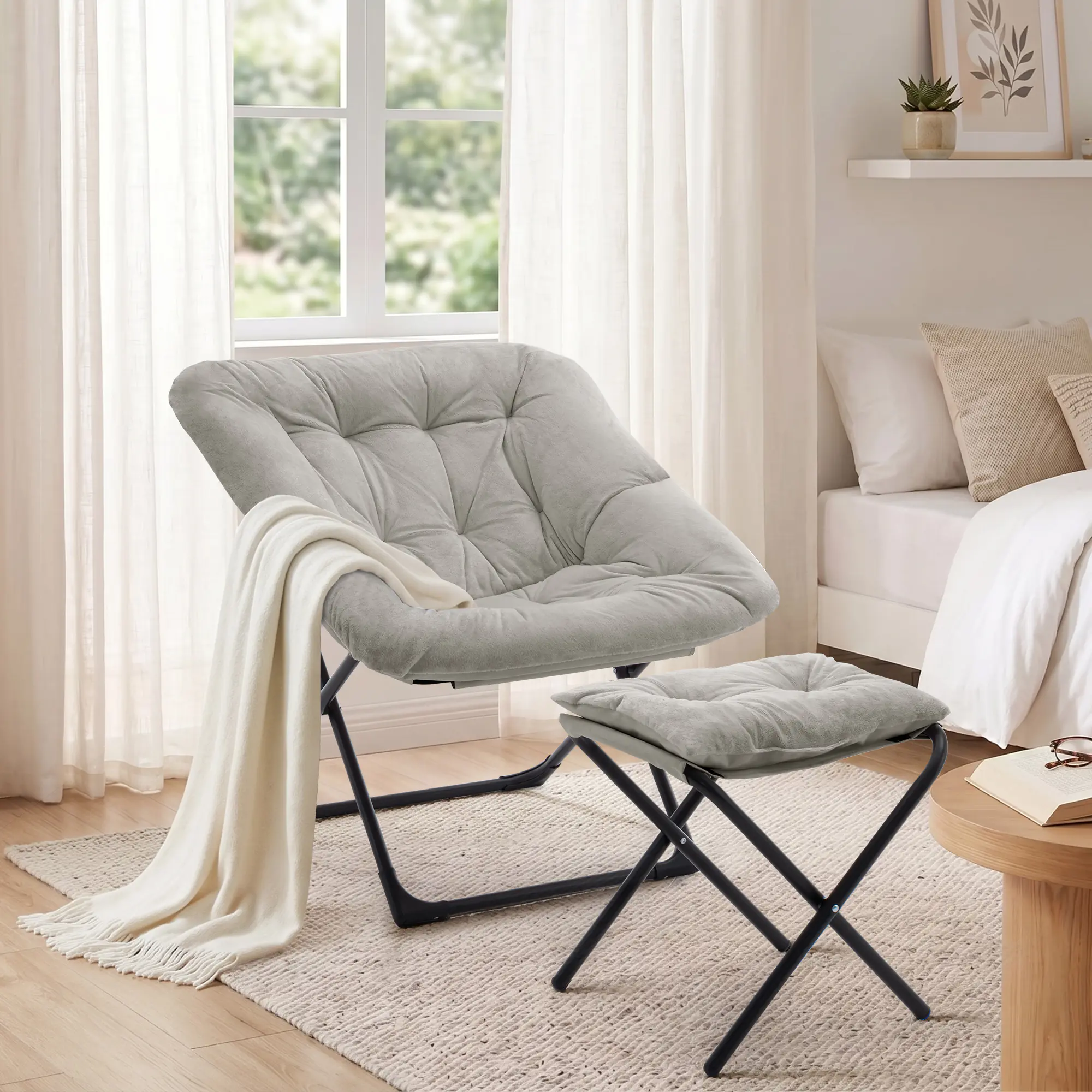 SAETSFEG Folding Saucer Chair with Ottoman, Comfy Lounge Chair for Adults, Faux Fur Moon Accent Chair for Bedroom Living Room Dorm, Lightgrey