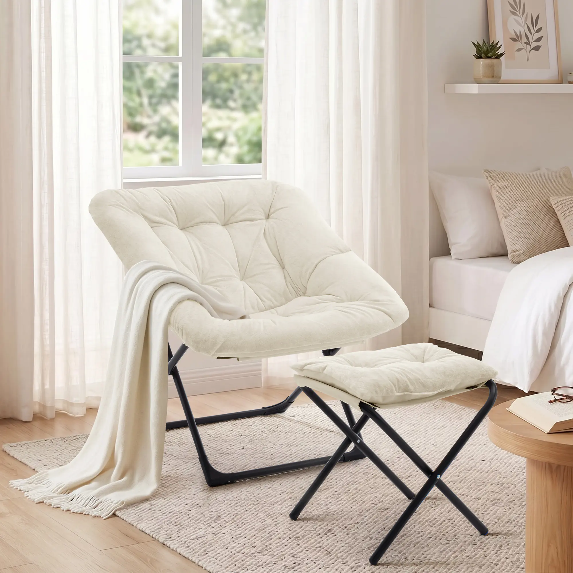 SAETSFEG Folding Saucer Chair with Ottoman, Comfy Lounge Chair for Adults, Faux Fur Moon Accent Chair for Bedroom Living Room Dorm, Beige