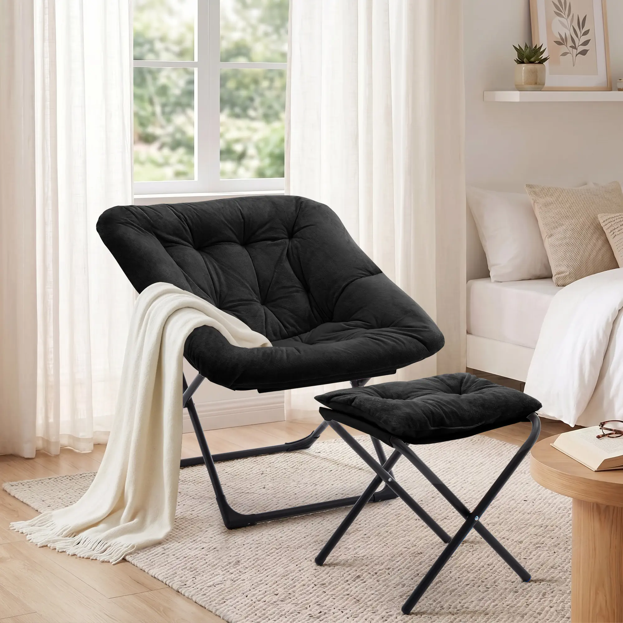SAETSFEG Folding Saucer Chair with Ottoman, Comfy Lounge Chair for Adults, Faux Fur Moon Accent Chair for Bedroom Living Room Dorm, Black